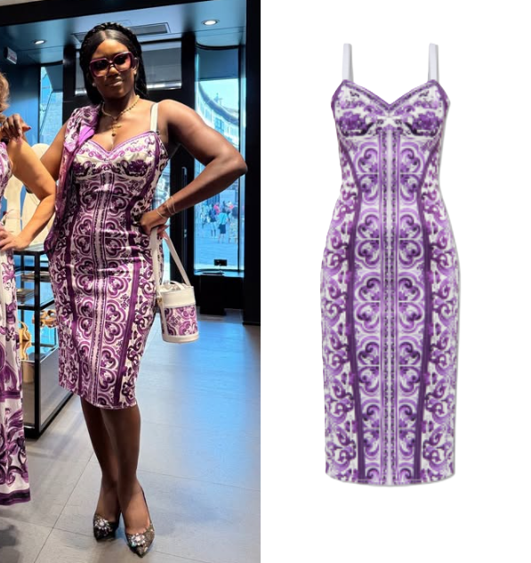 Real Housewives of Beverly Hills: Season 15 Episode 14 Bozoma’s Purple & White Printed midi Dress