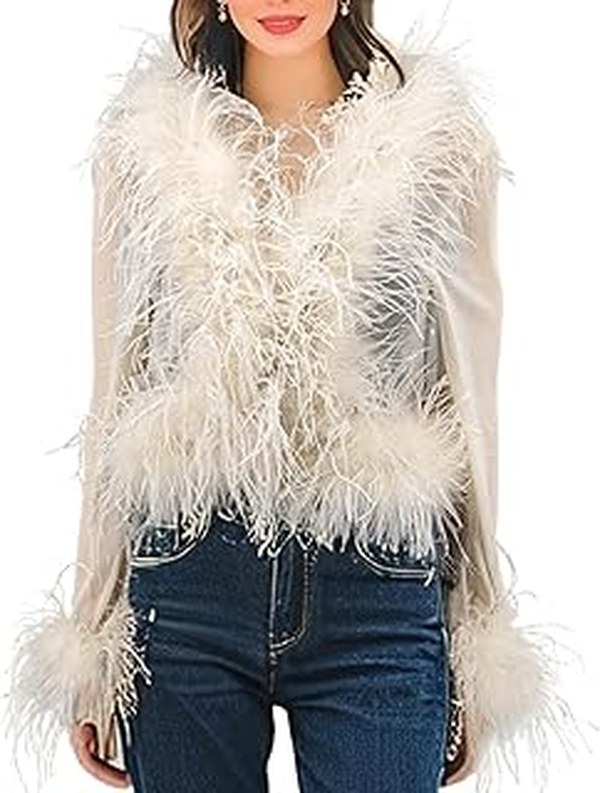 Dorit Kemsley’s White Feather Trim Jacket on WWHL
