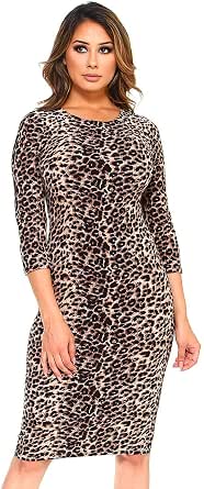 Yelete Leopard Print Bodycon Midi Dress 3/4 Sleeve