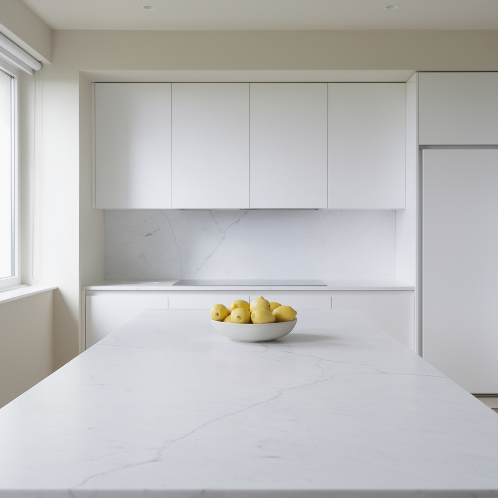 Minimalist kitchen with white Carrara marble countertops and a single row of lemons