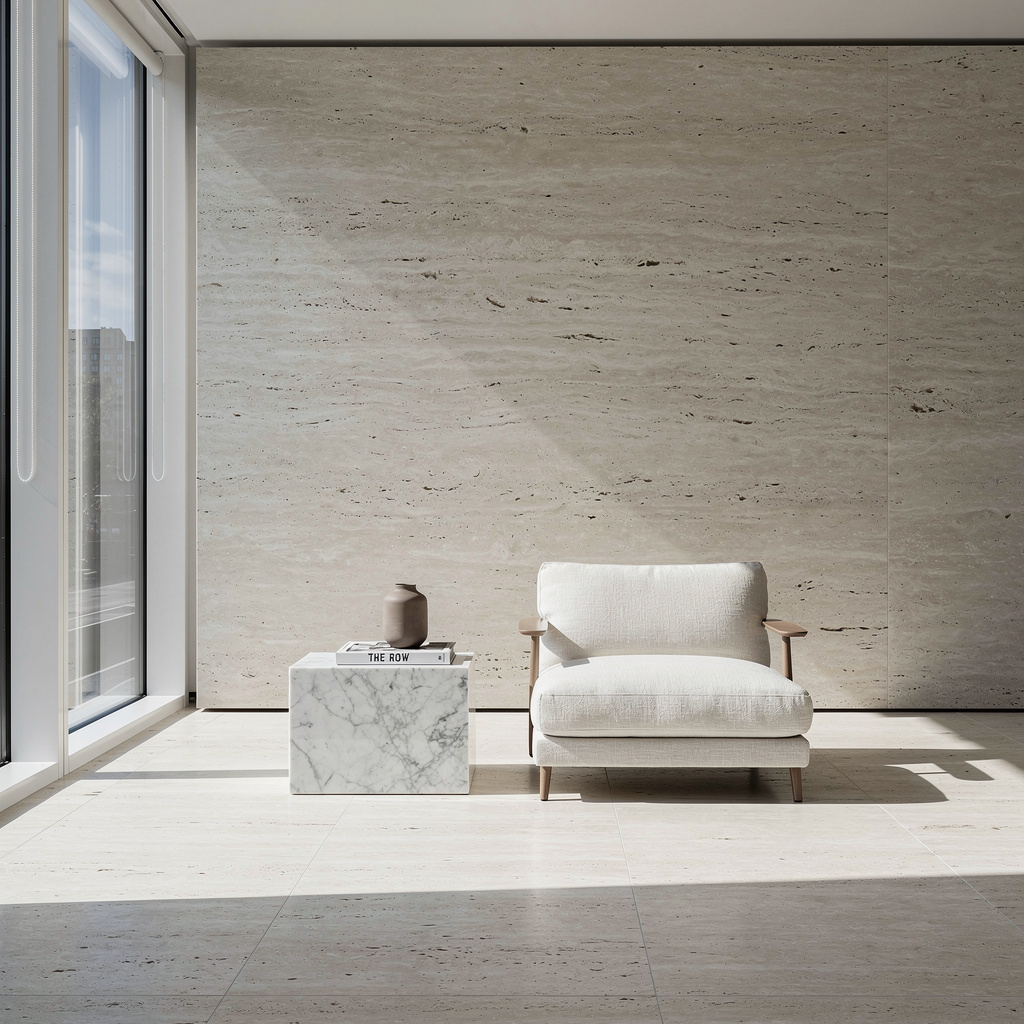 Travertine living room interior with linen-upholstered chair and Carrara marble plinth table