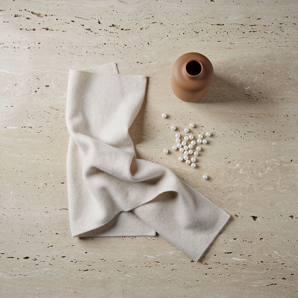 Sovereign Minimalist flat lay โ bone and camel palette, travertine surface