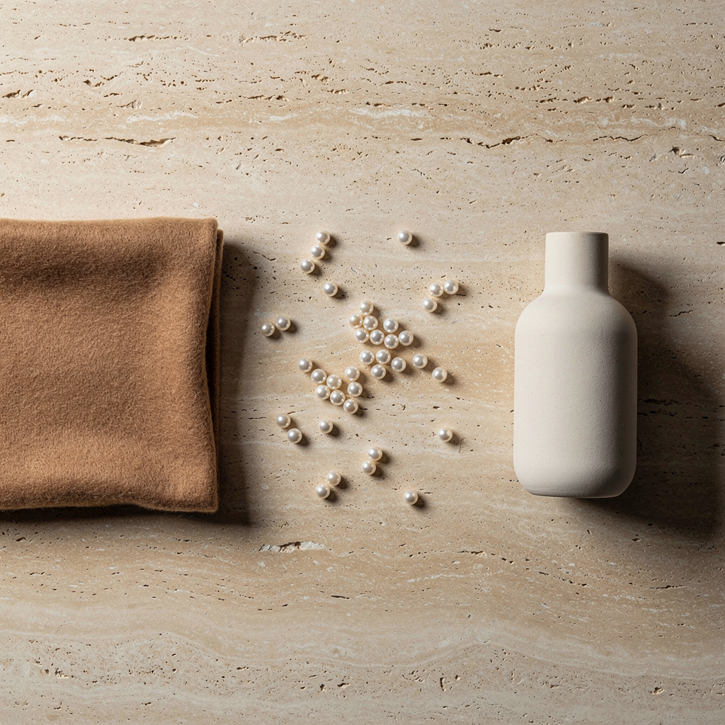 Sovereign Minimalist flat lay โ bone and camel palette, undyed cashmere on a travertine surface